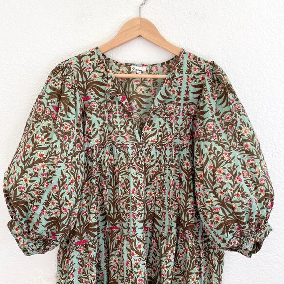 Karni Indian Cotton Floral Tiered Mini Dress Balloon Sleeves Block Print Boho - Picture 2 of 8